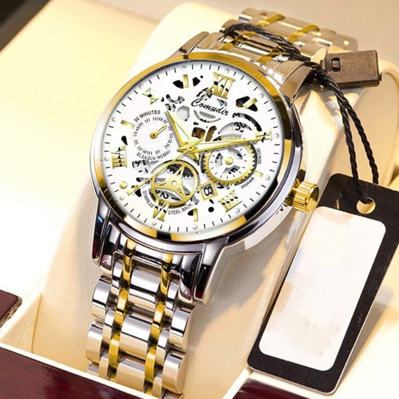 “Men’s Hollow Skeleton Waterproof Luminous Watch with Calendar”