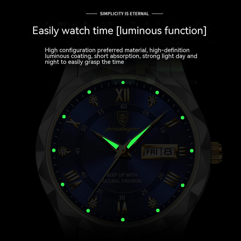 Men’s Waterproof Luminous Quartz Watch with Dual Calendar”