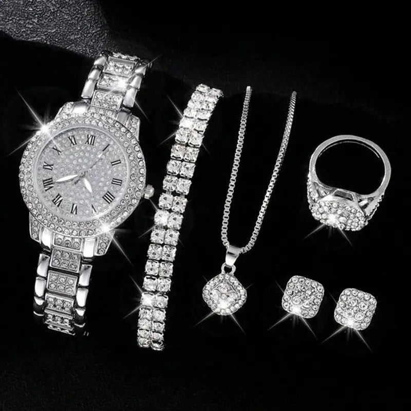 Elegant Women's Diamond Quartz Watch – 5-Piece Gift Set