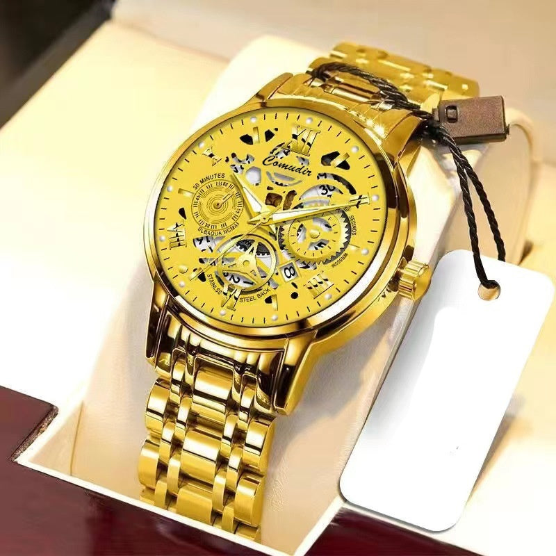 “Men’s Hollow Skeleton Waterproof Luminous Watch with Calendar”