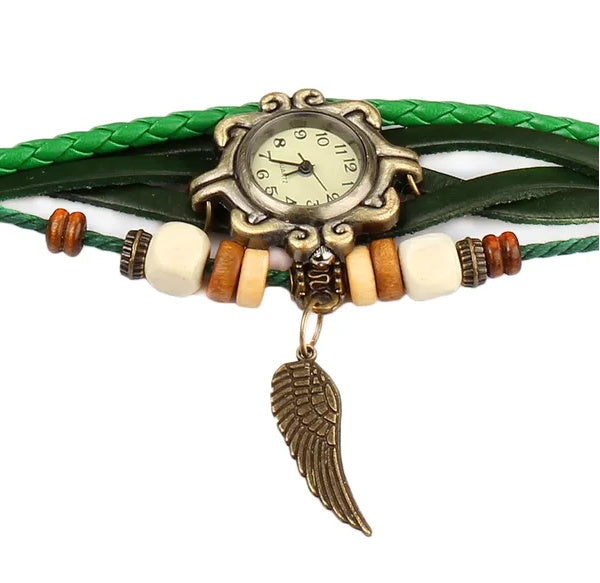 Chic Boho Handmade Angel Wing Watch – Vintage Leather Bracelet for Women