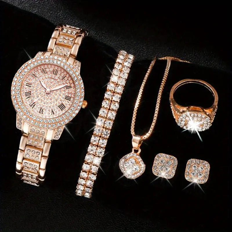 Elegant Women's Diamond Quartz Watch – 5-Piece Gift Set