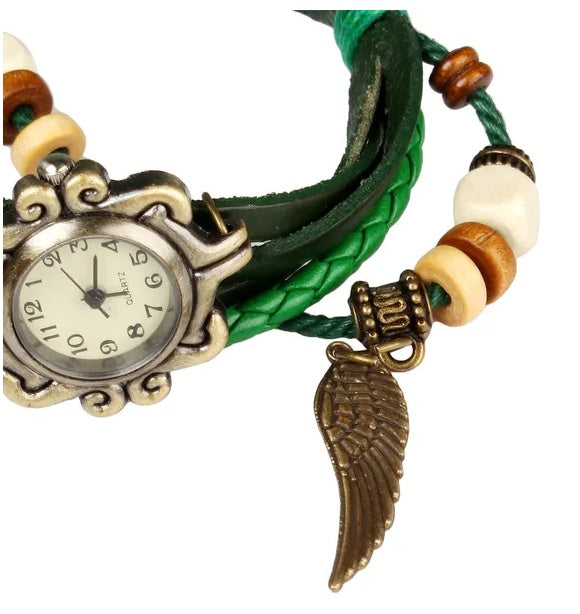 Chic Boho Handmade Angel Wing Watch – Vintage Leather Bracelet for Women