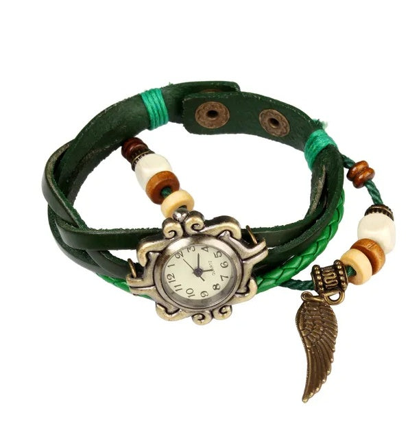 Chic Boho Handmade Angel Wing Watch – Vintage Leather Bracelet for Women
