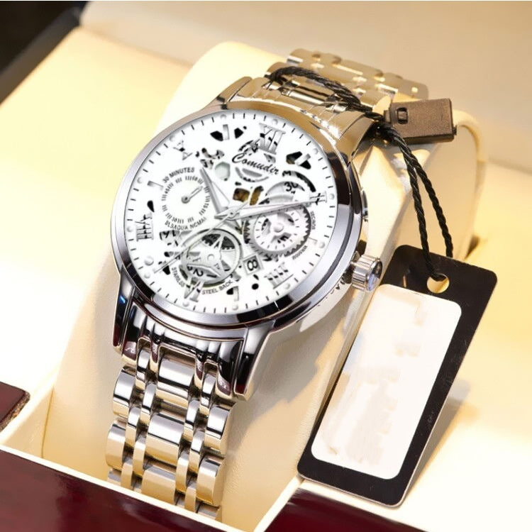 “Men’s Hollow Skeleton Waterproof Luminous Watch with Calendar”