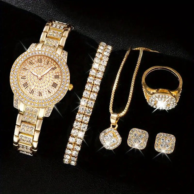 Elegant Women's Diamond Quartz Watch – 5-Piece Gift Set