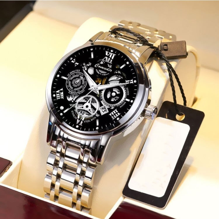 “Men’s Hollow Skeleton Waterproof Luminous Watch with Calendar”