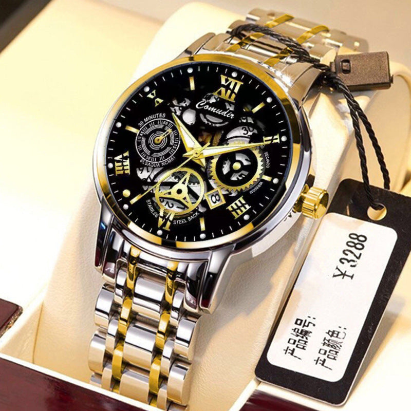 “Men’s Hollow Skeleton Waterproof Luminous Watch with Calendar”