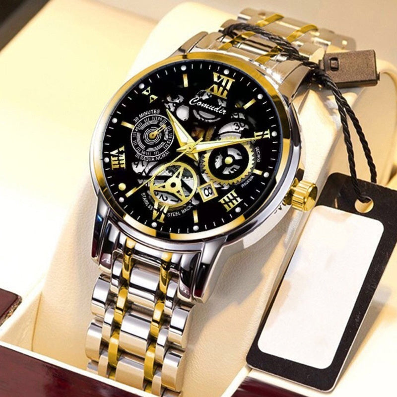 “Men’s Hollow Skeleton Waterproof Luminous Watch with Calendar”